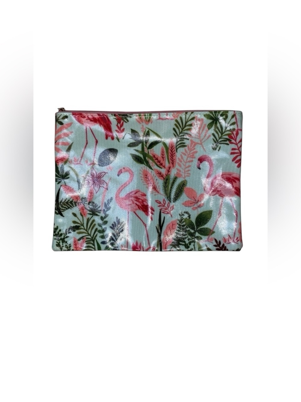 PINK FLAMINGO Vinyl Tropical Cosmetic Bag Light Blue, Pink Green 10” x  7-1/2”